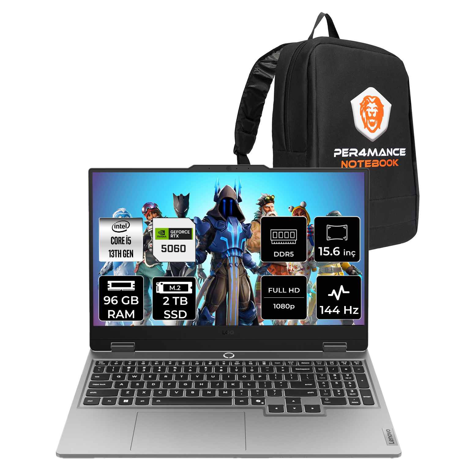 Intel Core i5, 96 GB RAM, 2 TB SSD'li dizüstü bilgisayar ve yanında siyah sırt çantası.