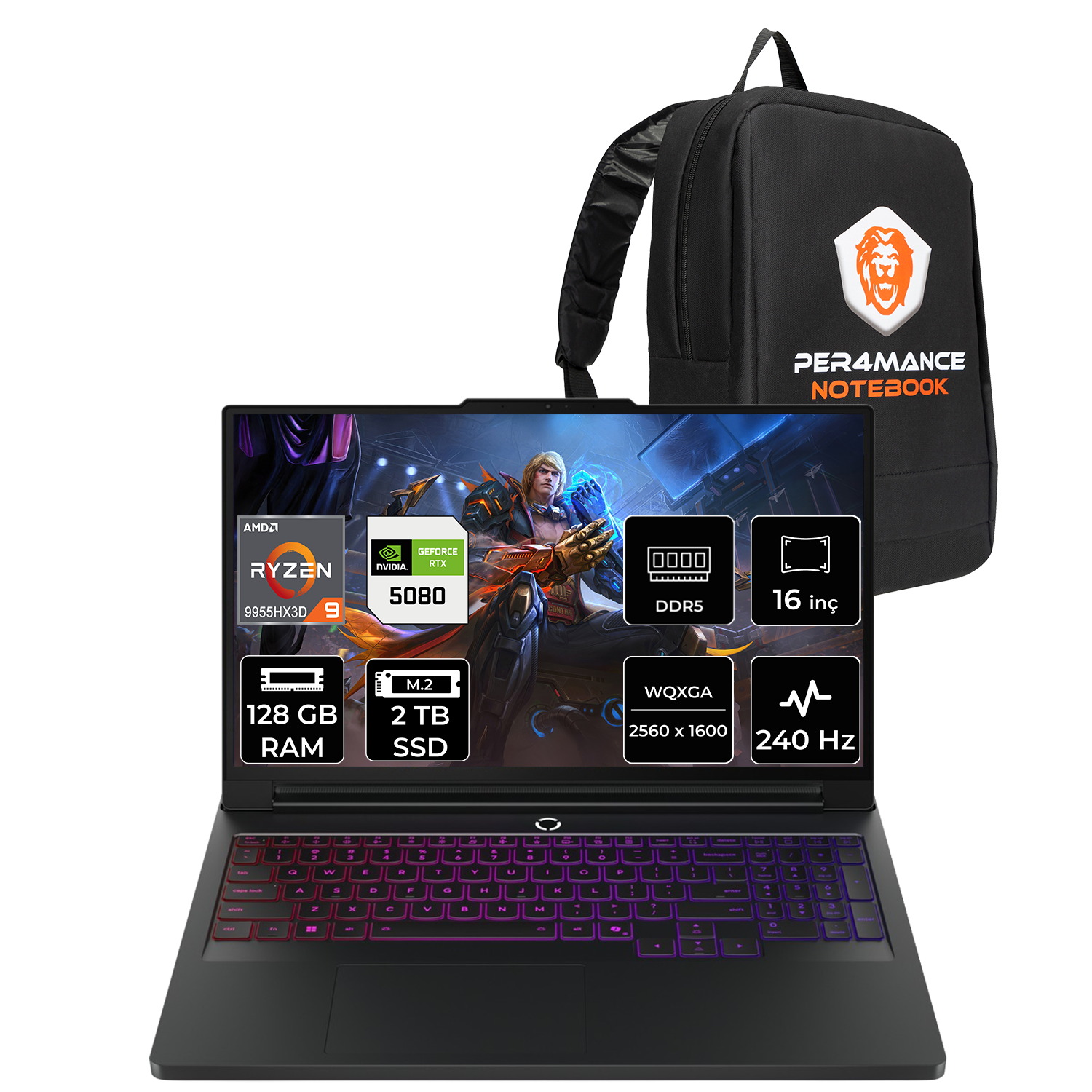 Sırt çantalı oyuncu dizüstü bilgisayarı. Özellikler: Ryzen 9, RTX 5080, 128 GB RAM, 2 TB SSD.