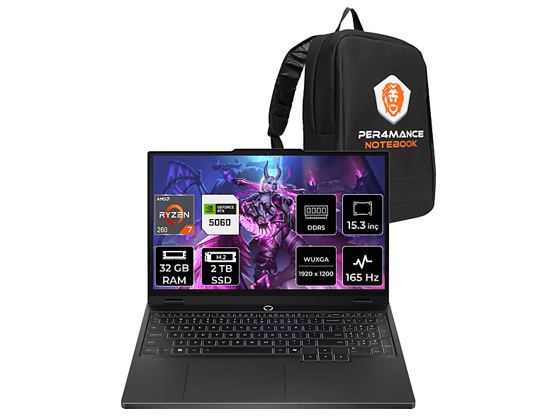 LENOVO Legion 5 RTX5060 8GB FHD+ 165Hz 83M00070TRP322 AMD Ryzen 7 260 32 GB RAM 2 TB SSD 15,3 inç FreeDOS Laptop+Çanta Siyah