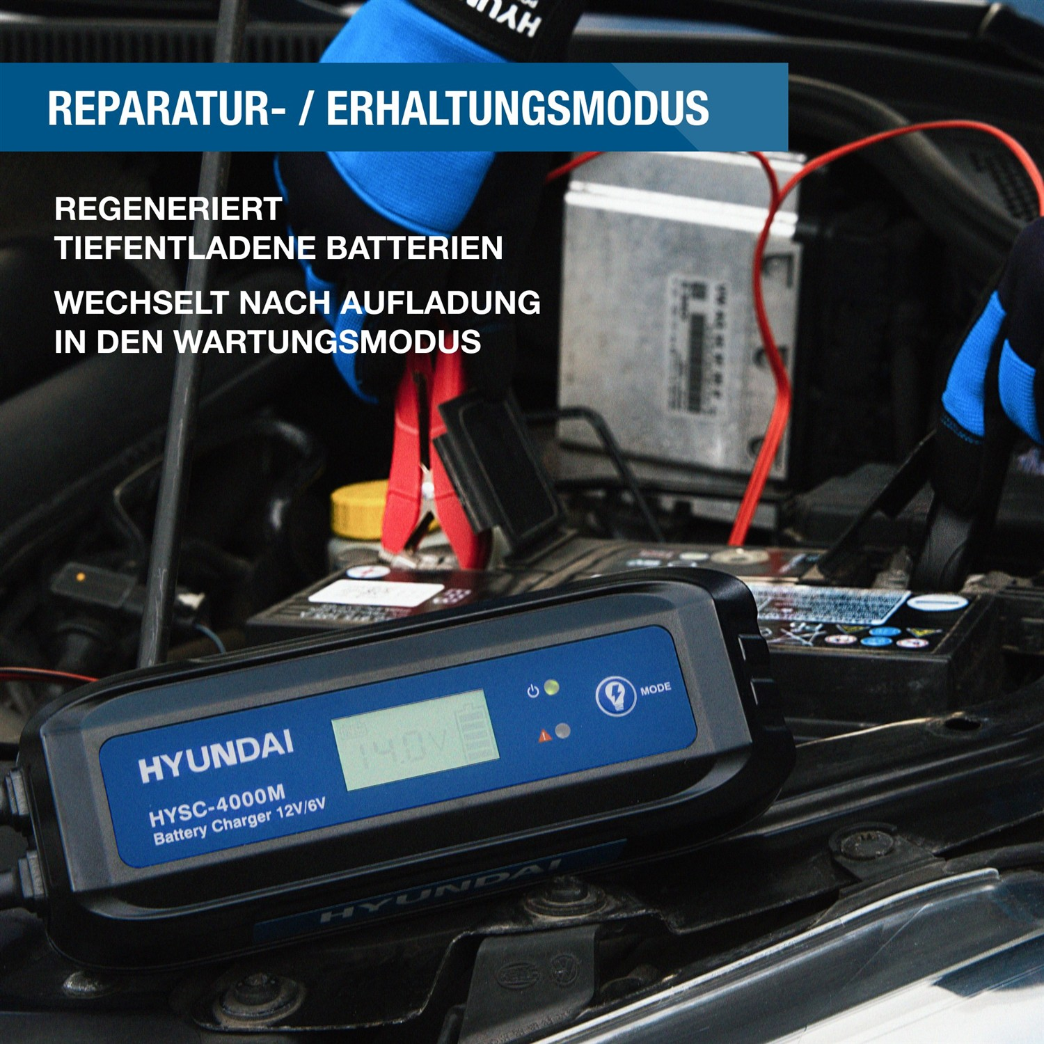 Ein Hyundai Batterieladegerät schließt Batterien an, um sie zu reparieren oder zu warten.