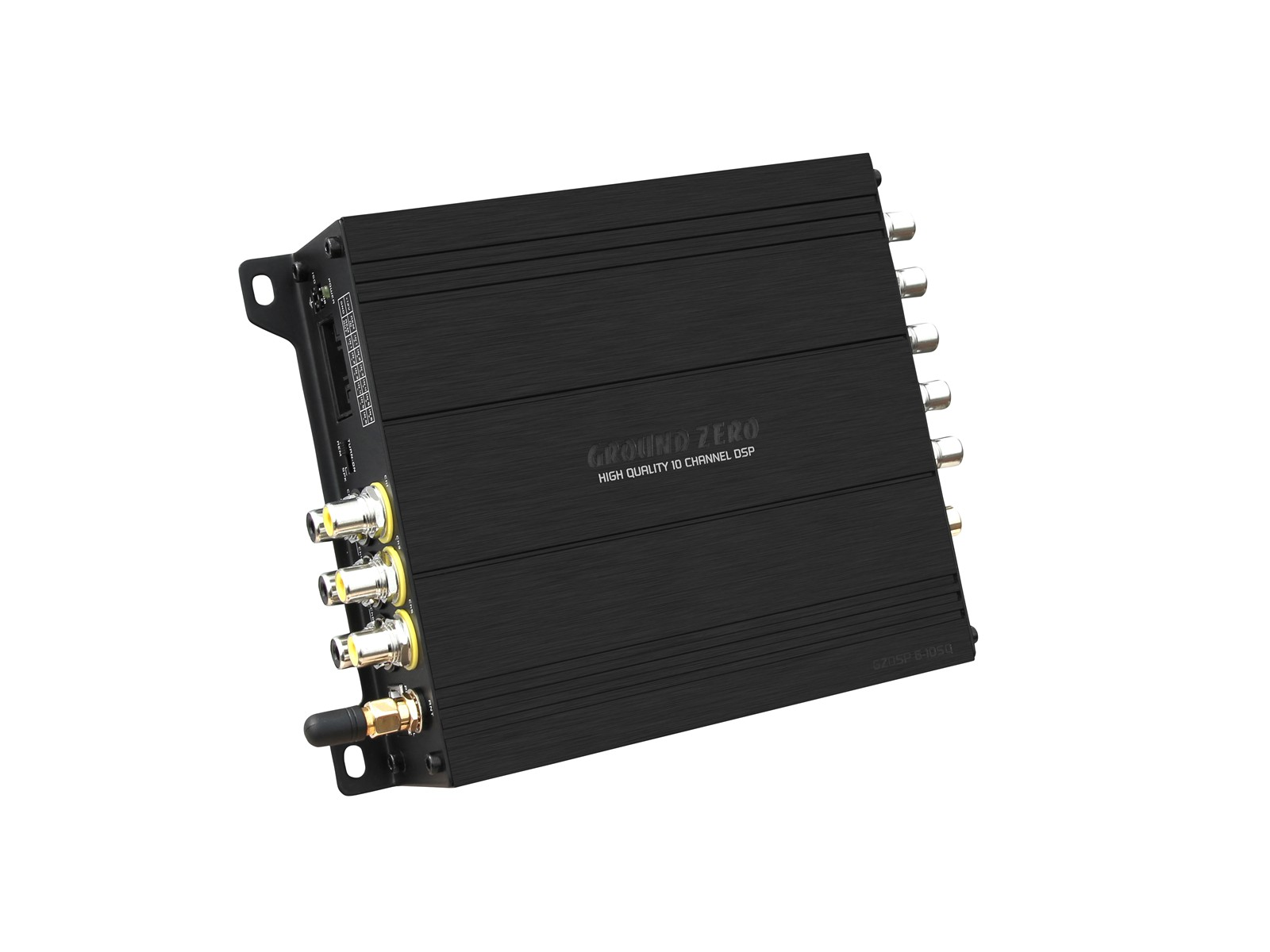 Schwarzer 10-Kanal-DSP-Verstärker von Ground Zero mit gebürsteter Oberfläche und RCA-Anschlüssen.