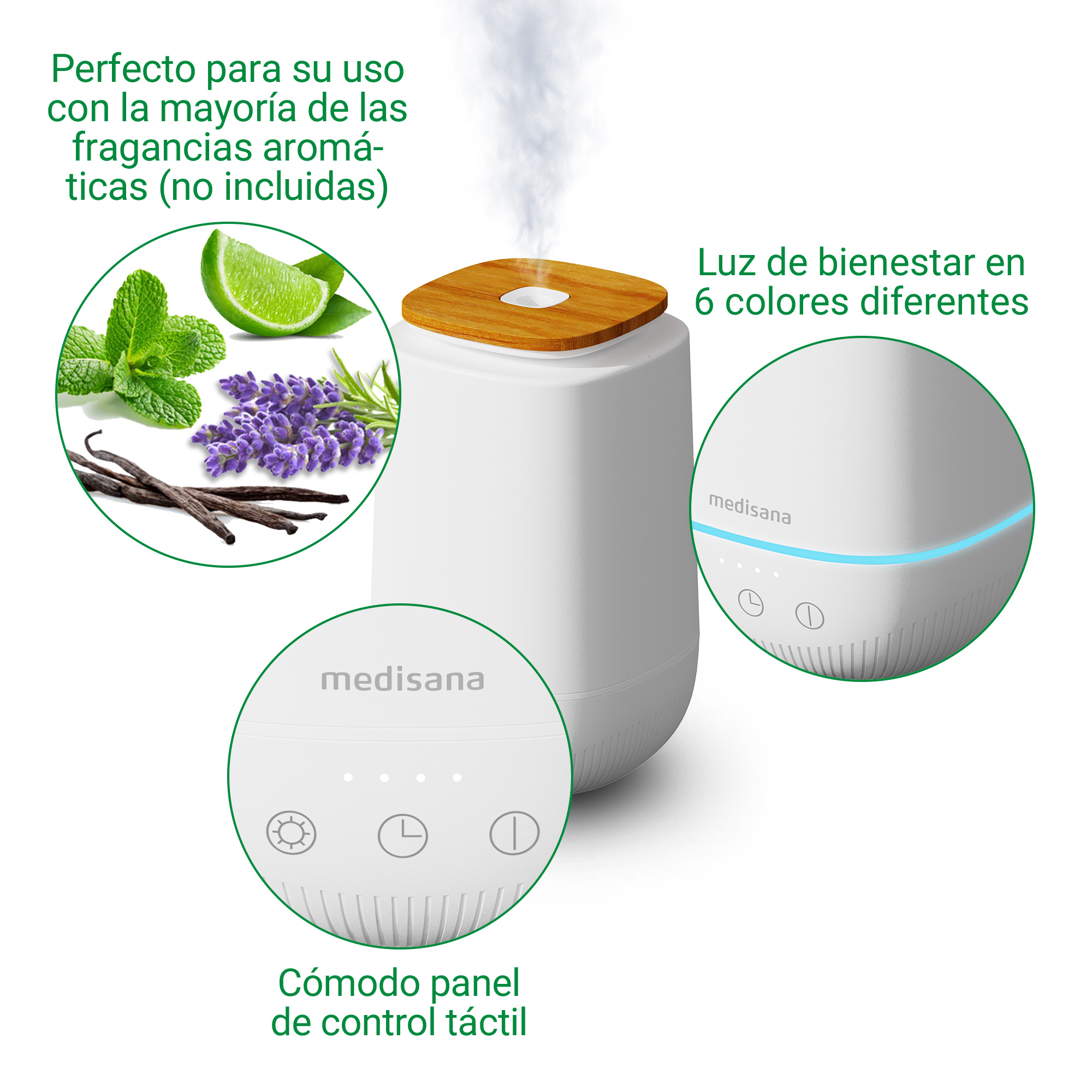 Un diffusore bianco con coperchio in legno emette vapore. Vengono mostrati menta, lavanda, vaniglia e lime.