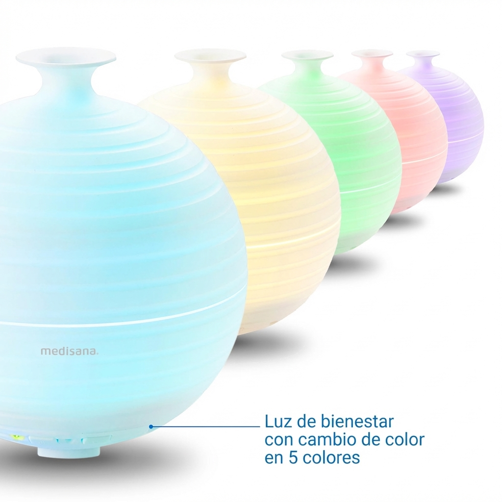 Vijf bolvormige diffusers in pastelkleuren gloeien na elkaar.