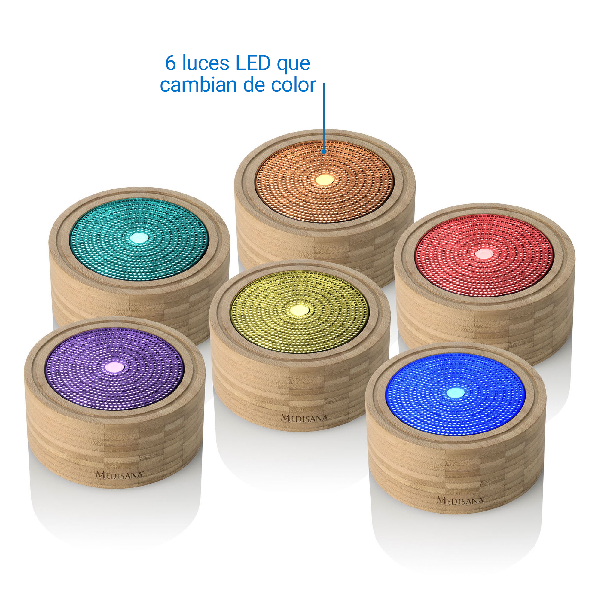 Six diffuseurs ronds en bois affichent des lumières LED colorées en bleu, vert, rouge, jaune, orange et violet.
