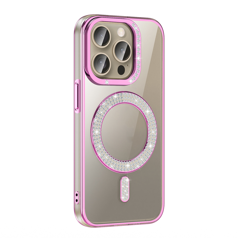 Pembe kenarlı şeffaf telefon kılıfı, kamera ve şarj dairesi etrafında kristallerle süslenmiş.