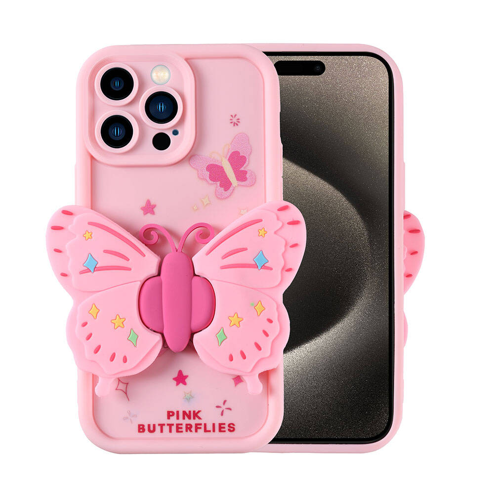 Kelebek ve yıldız desenli pembe telefon kılıfı.