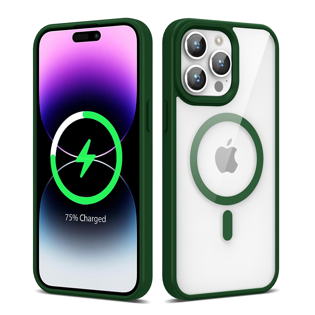 Şeffaf arkalı yeşil iPhone kılıfı, ön ve arka görünüm.