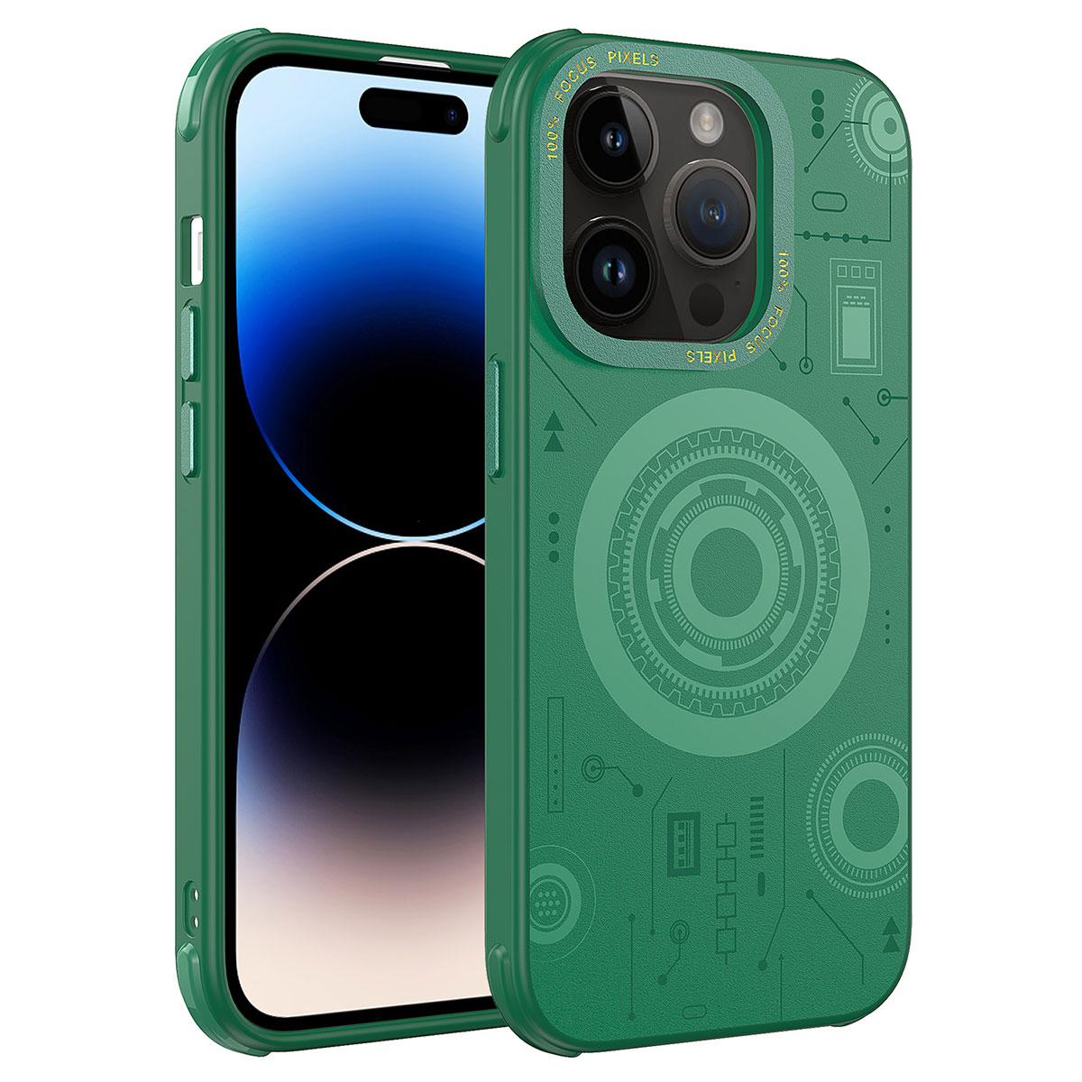 Fütüristik tasarımlı yeşil telefon ve kamera modülü.