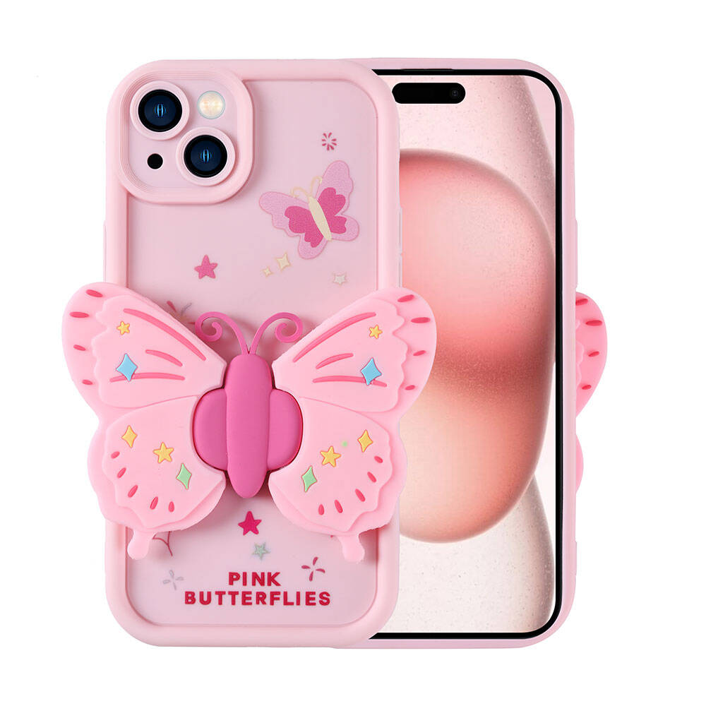 Kelebek ve yıldız desenli pembe telefon kılıfı.