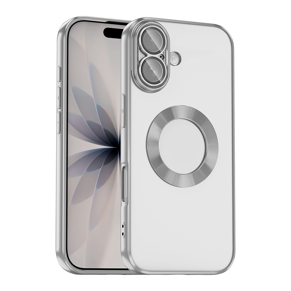 Gümüş kenarlı ve kamera çerçeveli şeffaf telefon kılıfı.