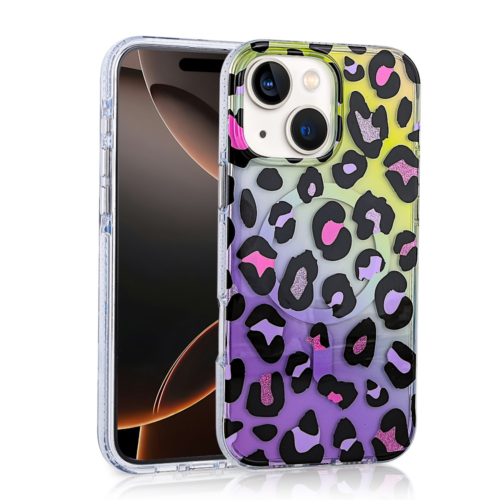 Mor, sarı ve pembe leopar desenli şeffaf telefon kılıfı.