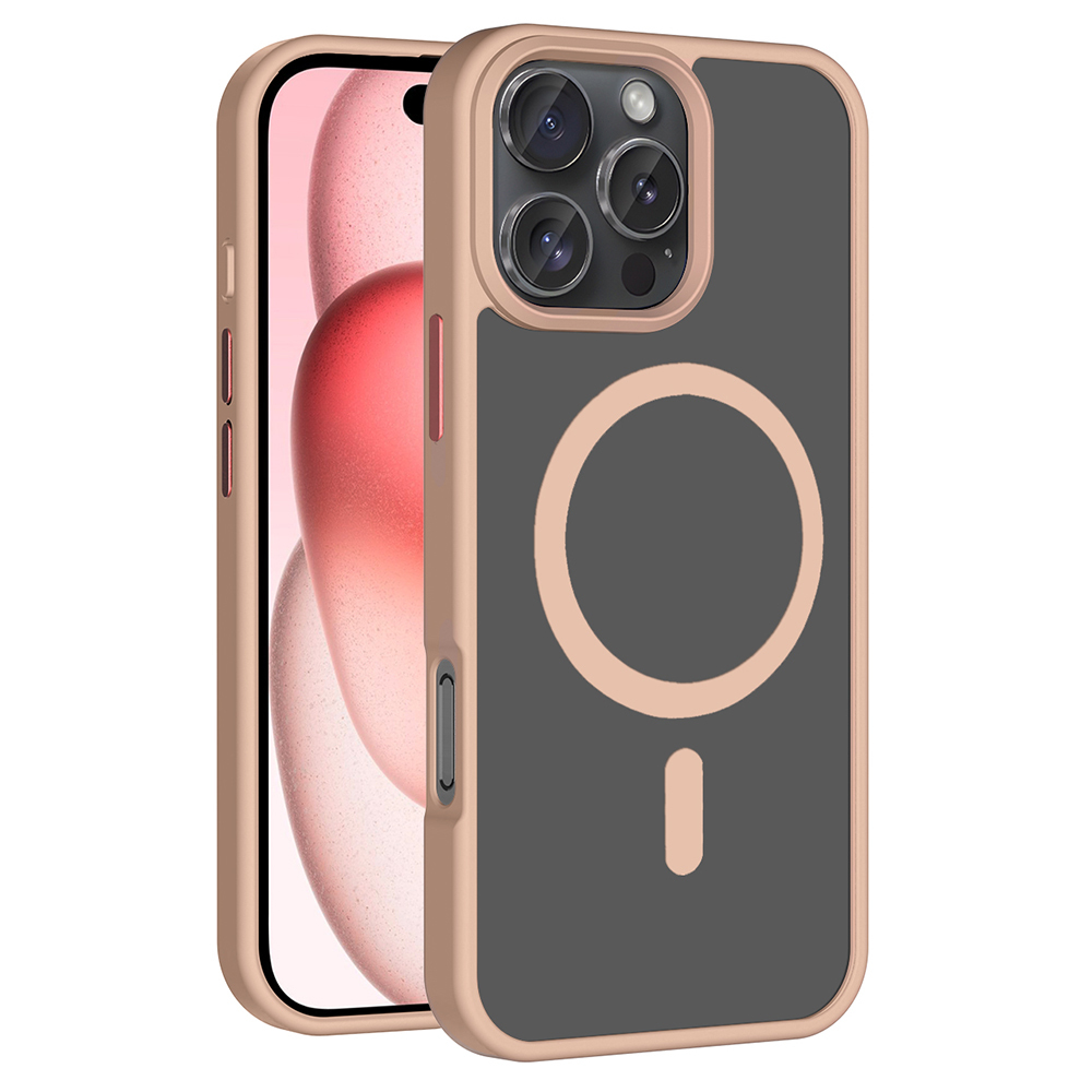 Koyu arka ve kamera kesikli gül altın iPhone kılıfı. Manyetik halka görünür.