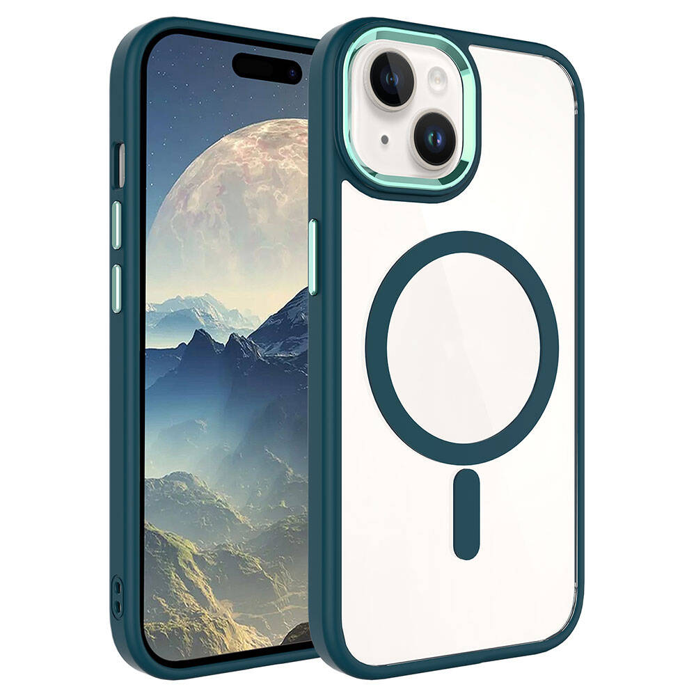 Açık mavi telefon kılıfı, şeffaf arka yüzü ve dairesel sembolü var.