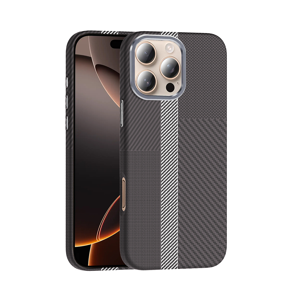 Beyaz şeritli karbon fiber kılıflı siyah iPhone.