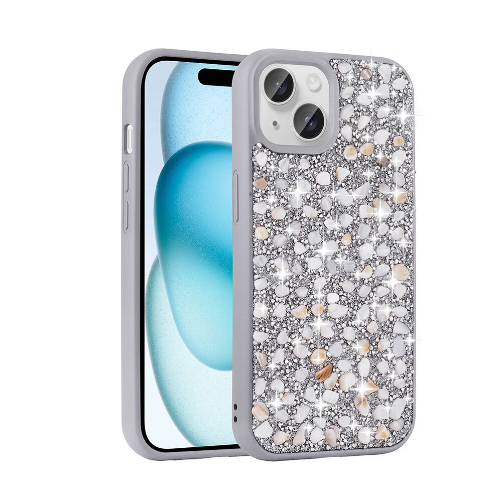 Taş ve sim mozaikli gri telefon kılıfı gösteriliyor.