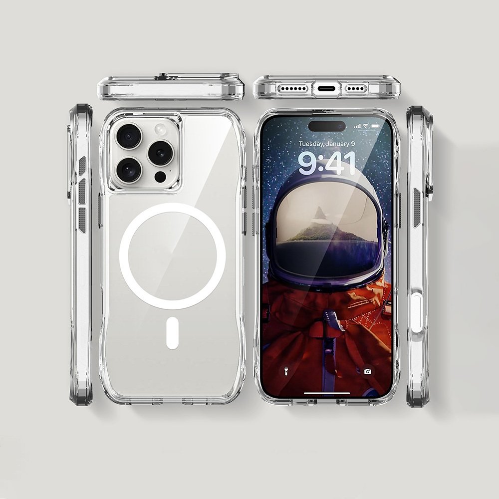 Astronot duvar kağıtlı iPhone'u çevreleyen şeffaf telefon kılıfları, önden ve yandan görünüyor.