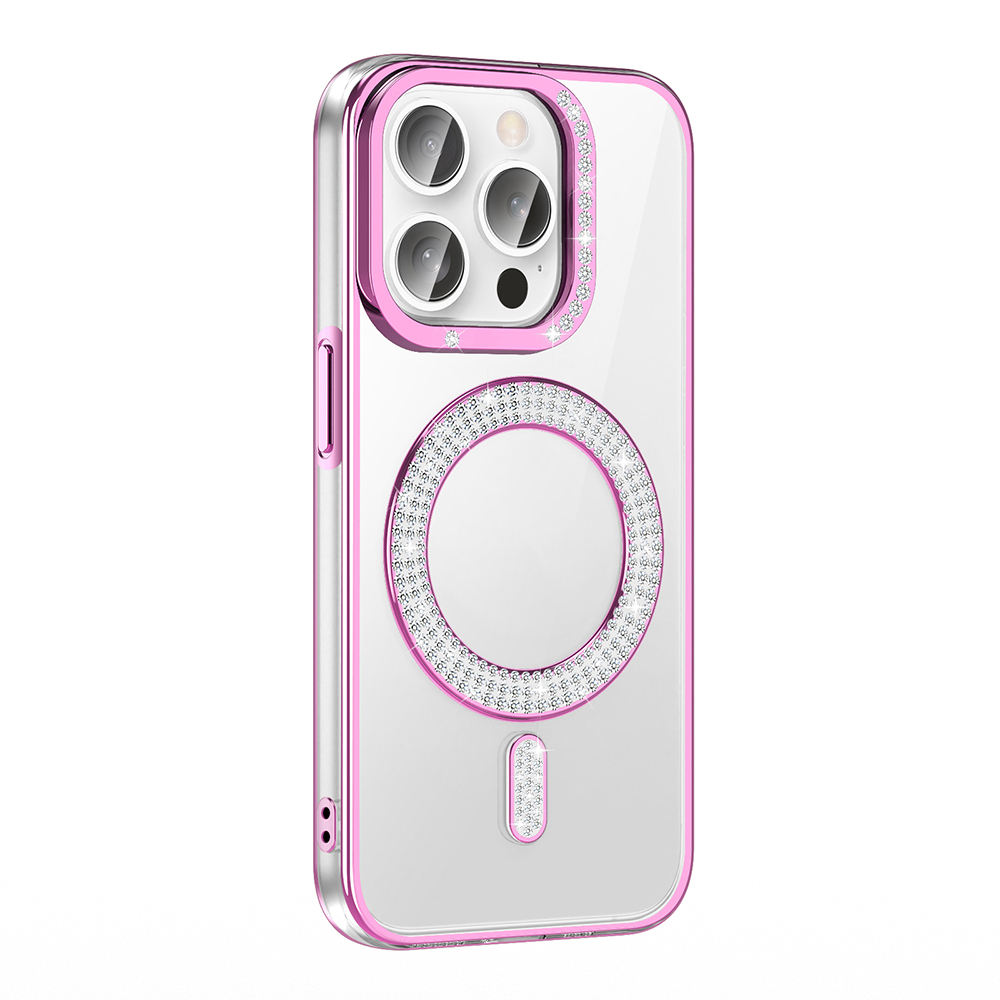 Elmaslı pembe telefon kılıfı, şeffaf arka yüz ve kamera lens koruması.