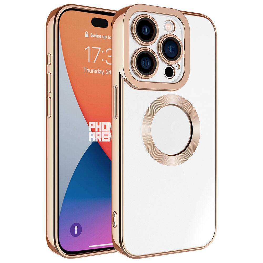 Rose altın iPhone 14 Pro kılıfı, şeffaf arka yüzü ve kamera koruması.