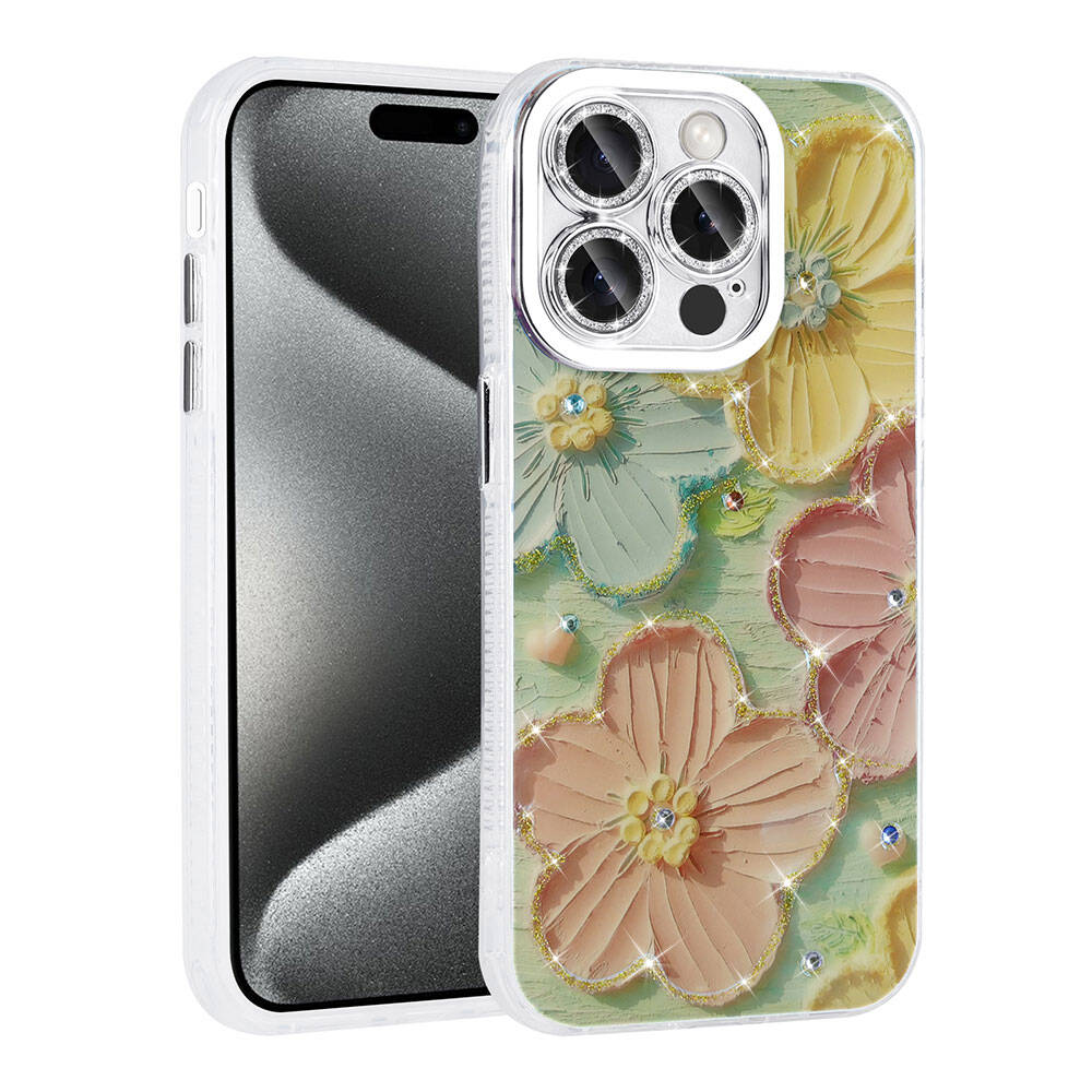 3D çiçek desenli ve sim detaylı şeffaf telefon kılıfı.
