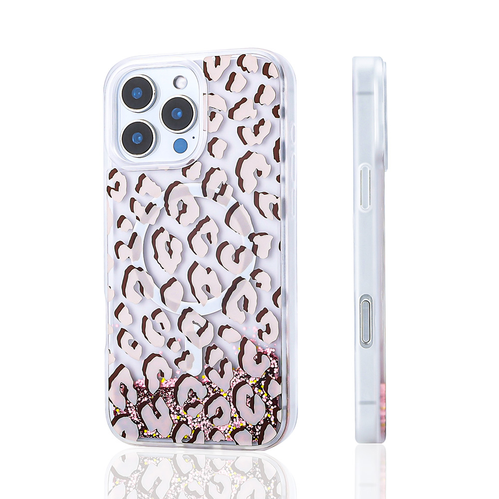 Leopar desenli ve sim detaylı şeffaf telefon kılıfı.