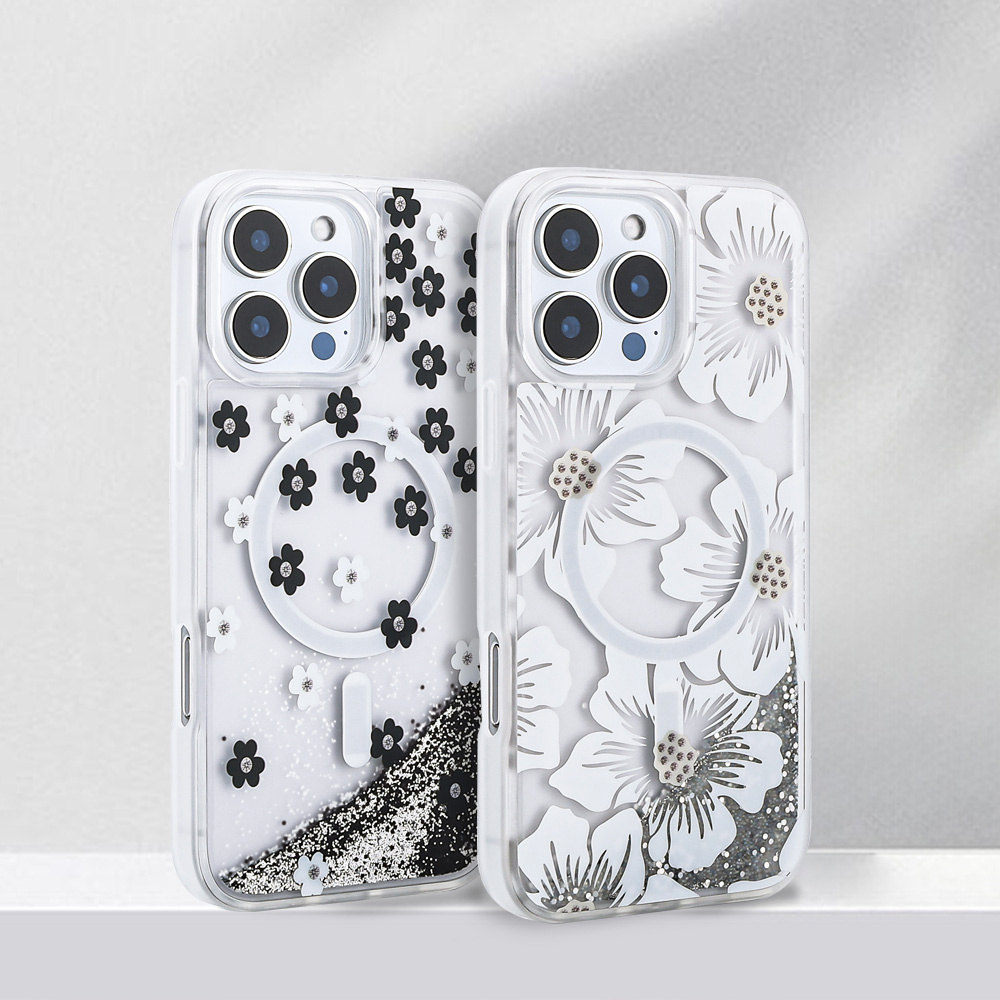 Çiçek desenli ve simli iki şeffaf telefon kılıfı.