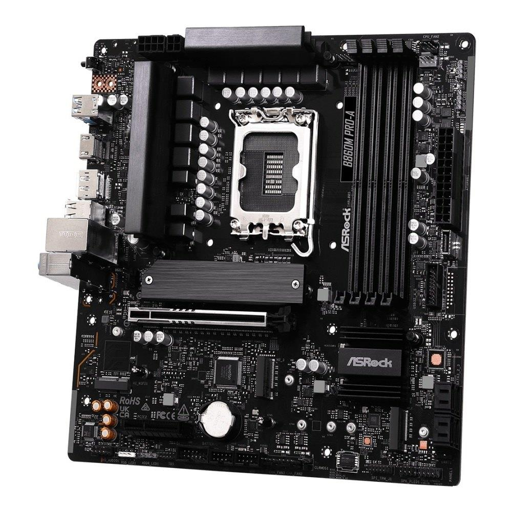 Une carte mère ASRock 8860M PRO-A noire avec socket CPU, emplacements RAM et connecteurs.