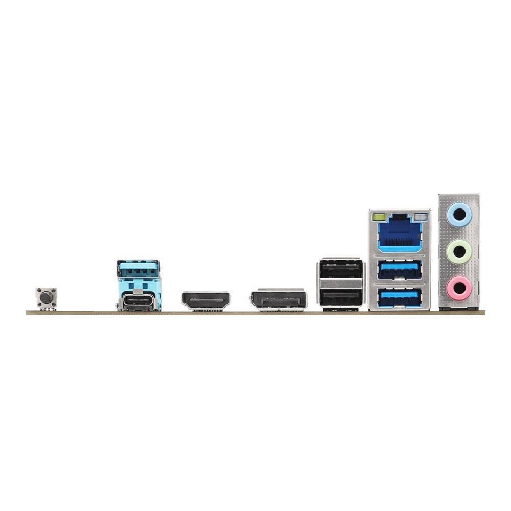 Panneau de ports avec connexions USB, réseau et audio.