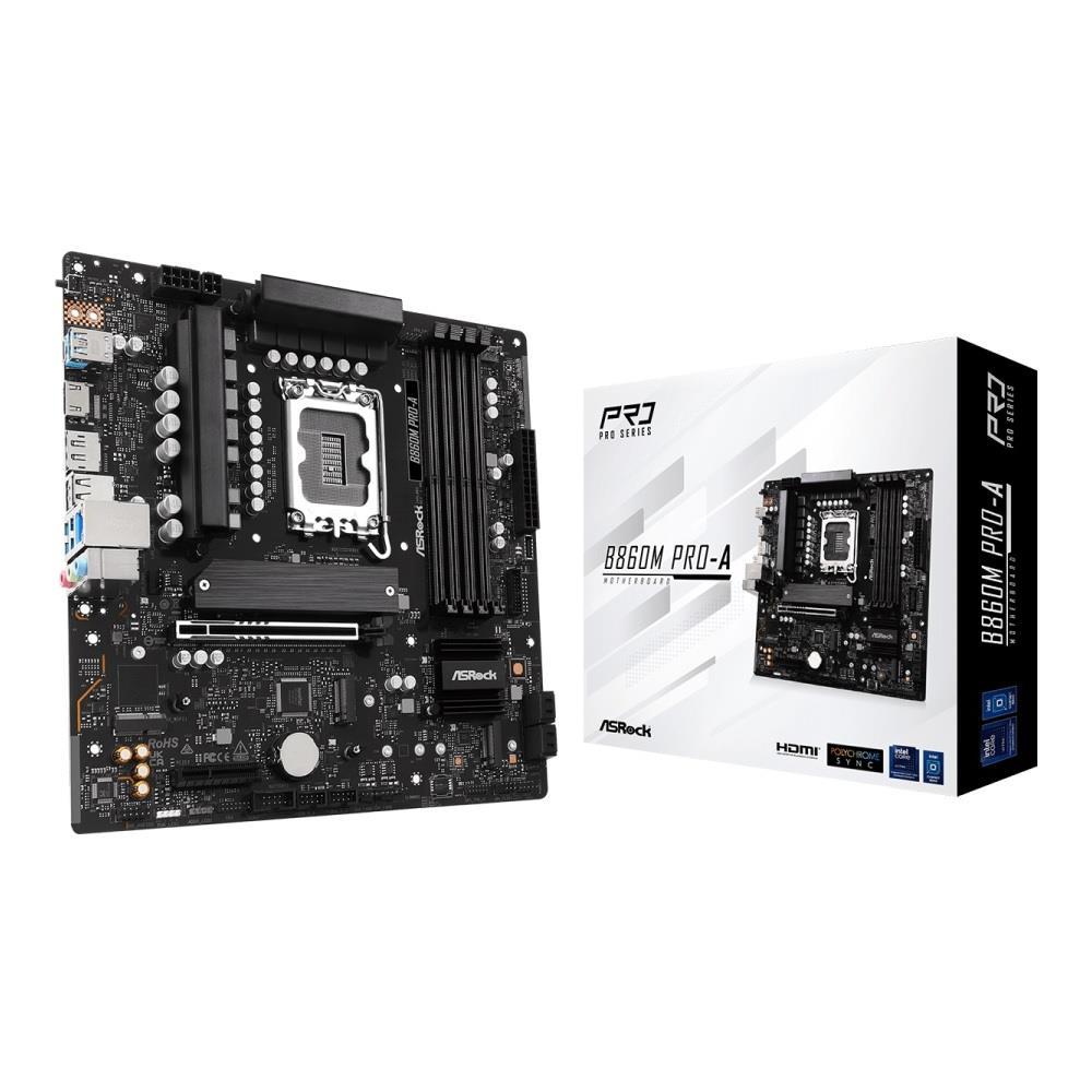 Carte mère ASRock B860M PRO-A et son emballage, montrant les connecteurs.