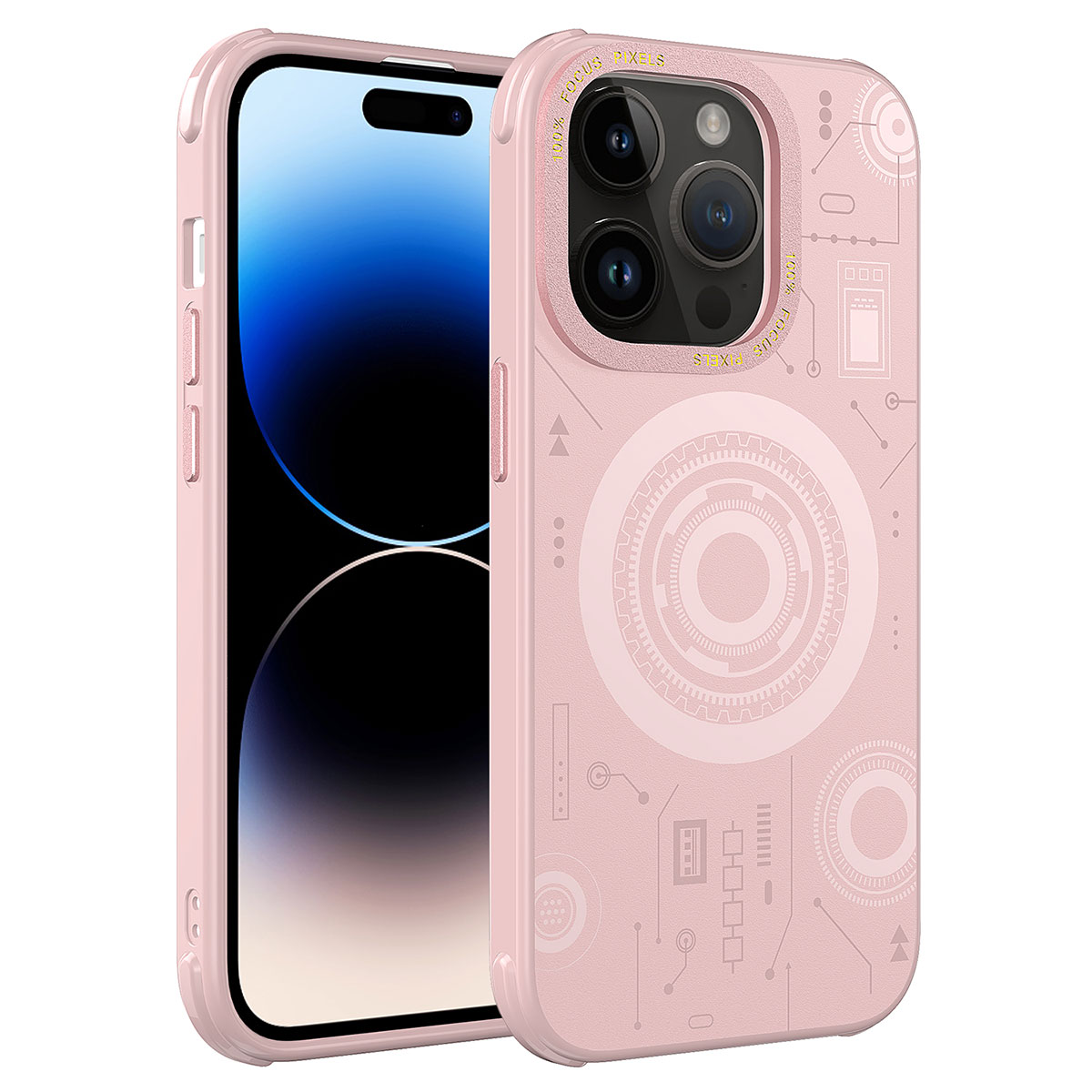 Bir telefonda teknolojik desenli pembe telefon kılıfı.