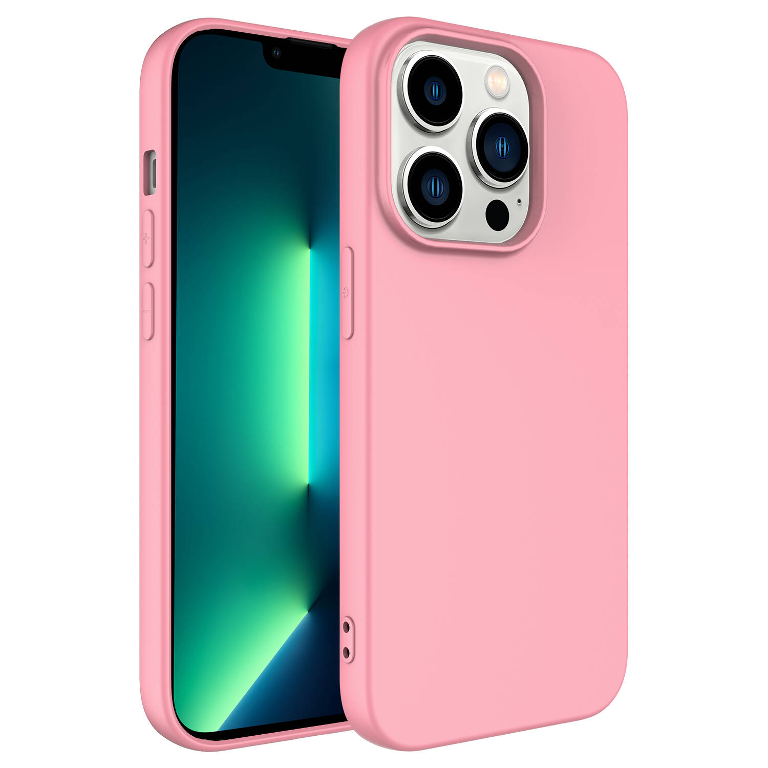 Yeşil ekranı olan bir iPhone'un bir kısmını içeren pembe iPhone kılıfı.