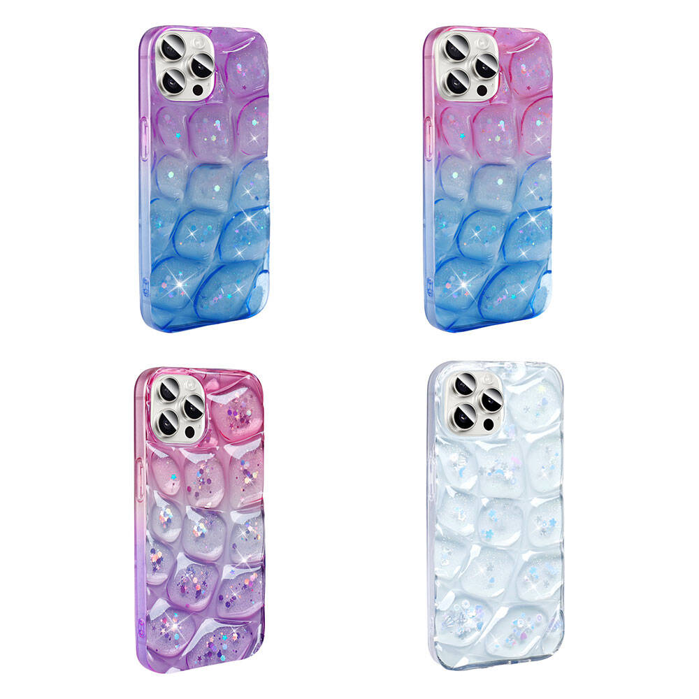 Simli tasarımlı dört iPhone kılıfı, mor, mavi, pembe ve beyaz.