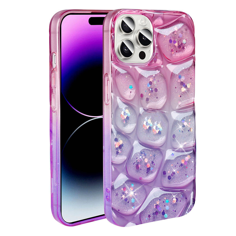 Sim ve kapitone desenli pembe ve mor degrade telefon kılıfı.