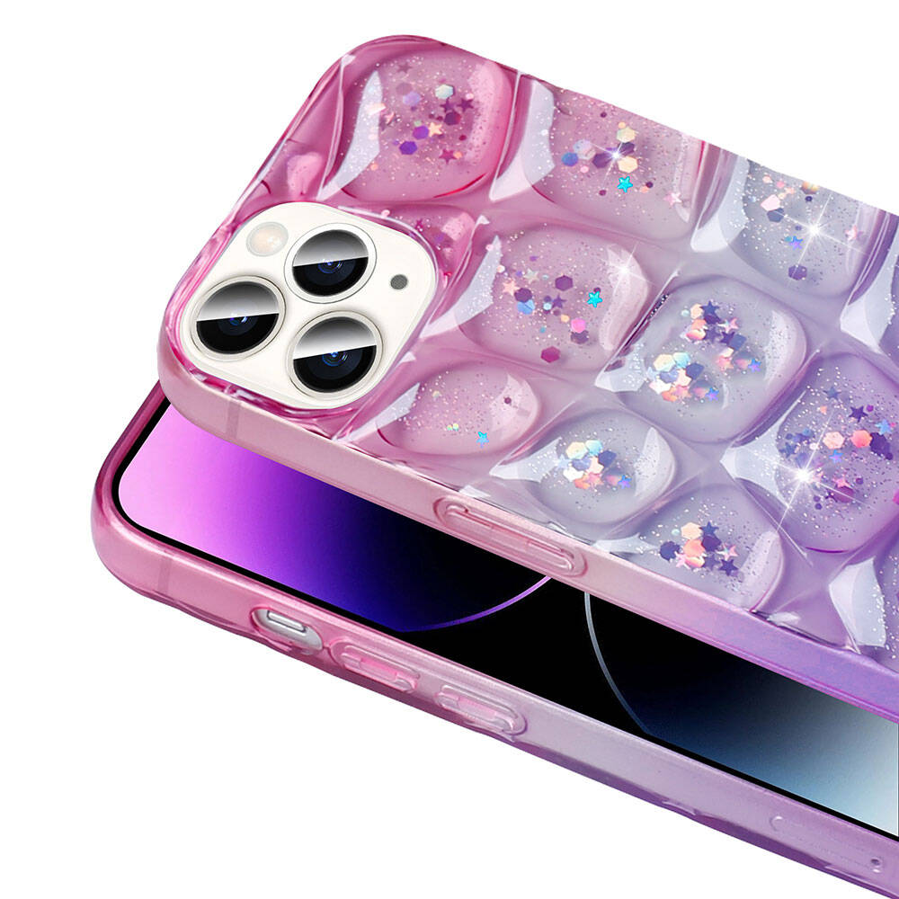 iPhone için simli ve kabarcık tasarımlı pembe telefon kılıfı.