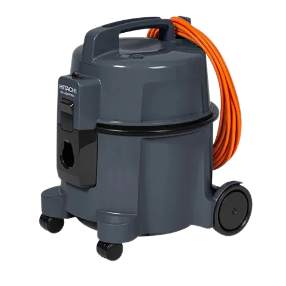 Grauer Hitachi Nass-Trockensauger mit orangem Kabel und Rädern.