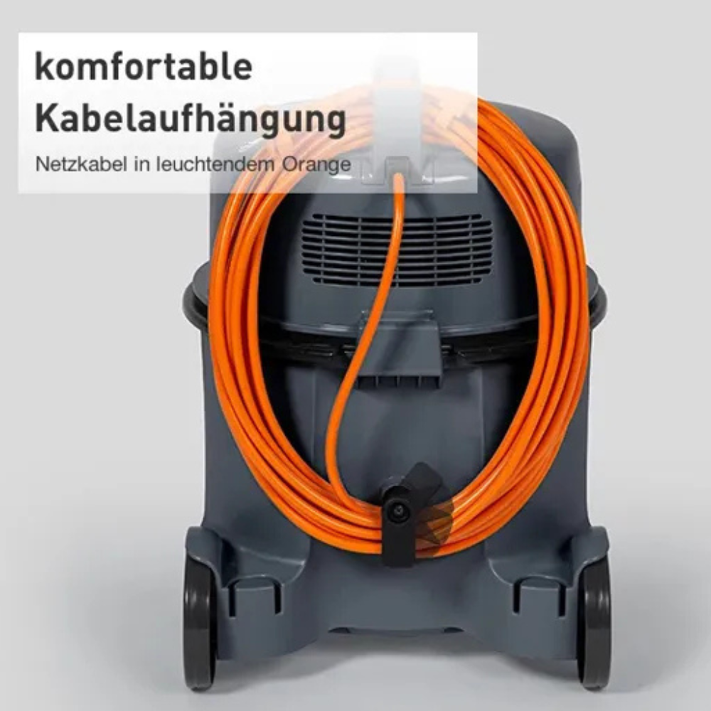 Grauer Staubsauger mit aufgewickeltem, orangefarbenem Kabel.