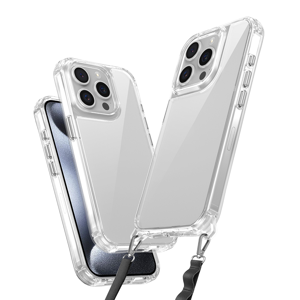 Kamera sistemli ve kordonlu iki şeffaf telefon kılıfı.