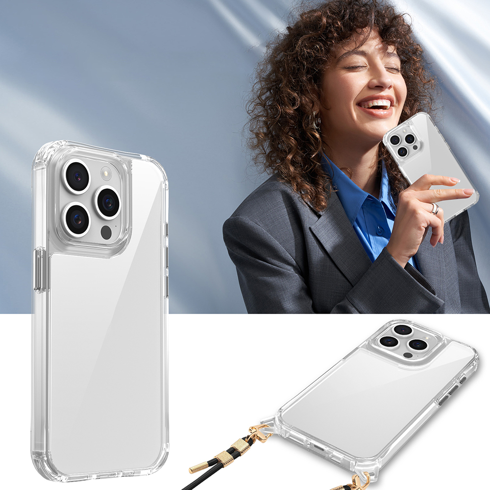 Bir kadın şeffaf telefon kılıfı tutuyor; yanında askılı başka bir kılıf var.