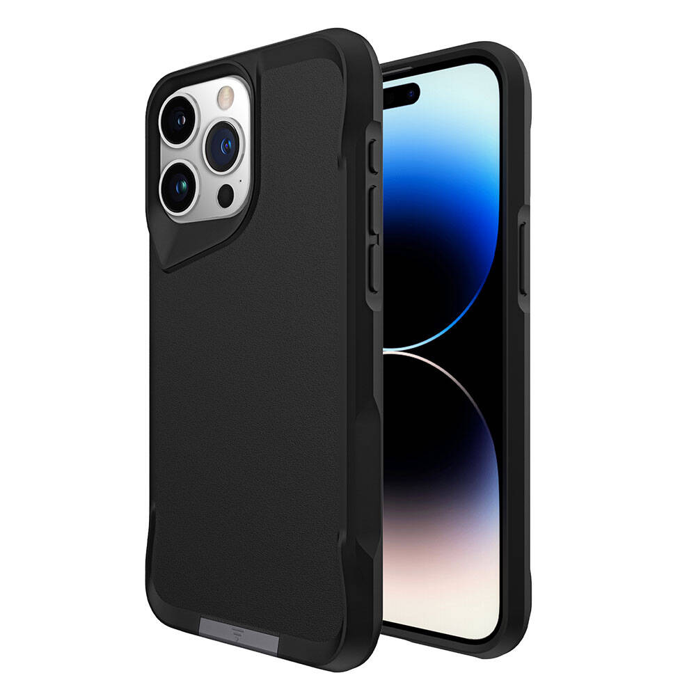 Kamera ve yanları görünen, sağlam kılıflı siyah iPhone.