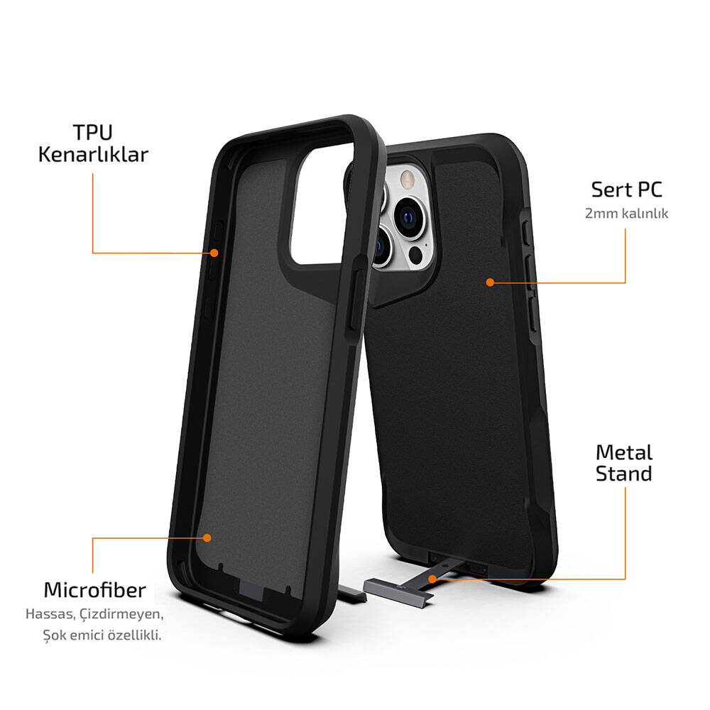 TPU kenarlı, PC arka, mikrofiber astarlı, metal stantlı siyah telefon kılıfı.