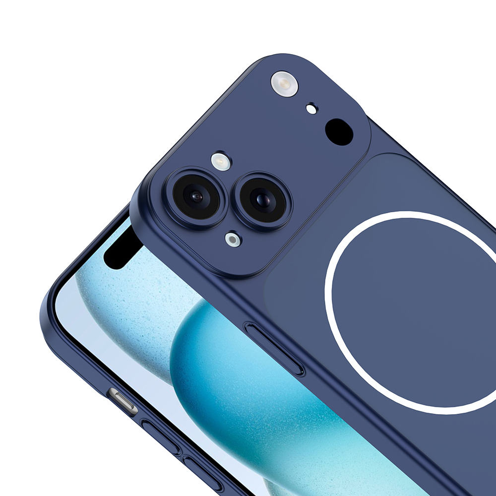 Arkada beyaz daireli, iki kameralı lacivert telefon kılıfı, beyaz arka plan.