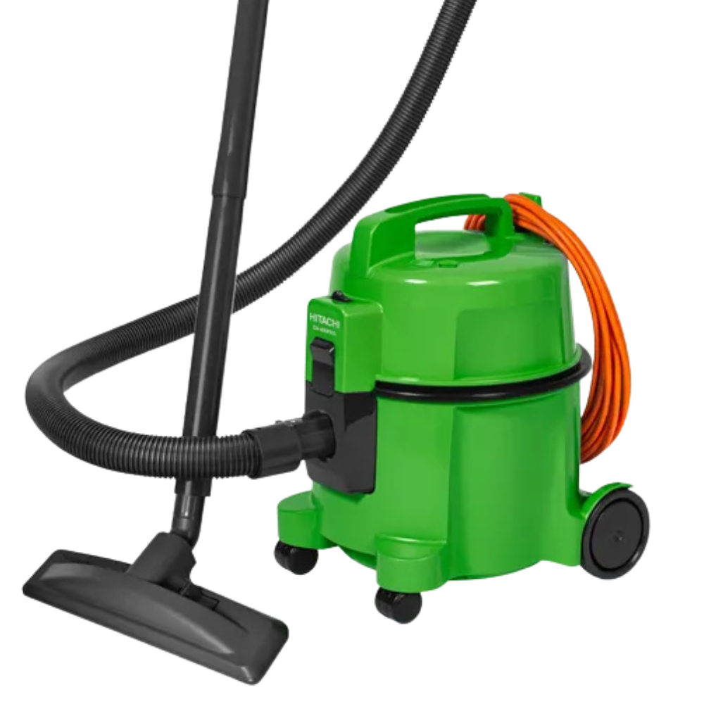 Grüner Hitachi Nass-/Trockensauger mit schwarzem Schlauch und orangefarbenem Kabel.