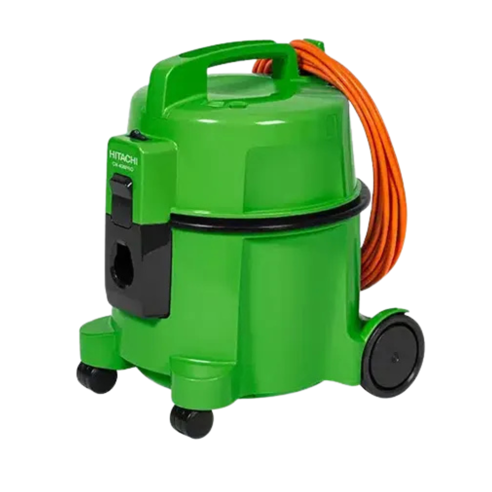 Ein leuchtend grBner Hitachi-Staubsauger mit einem orangefarbenen Kabel und RBdern.