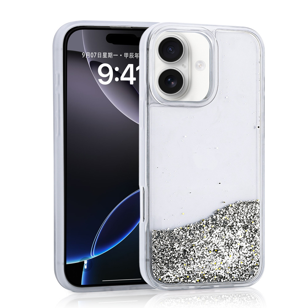 Yanında iPhone olan, simli şeffaf telefon kılıfı.