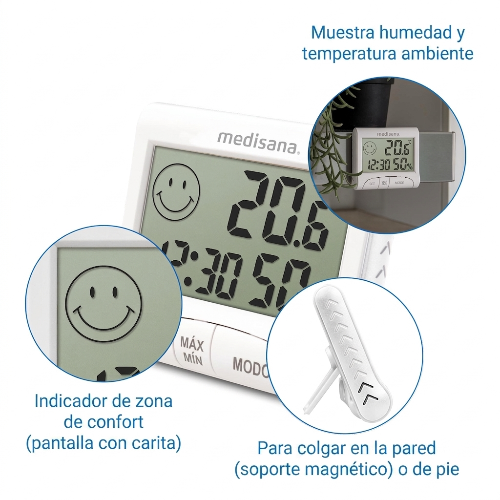 Ein Medisana-Digitalthermometer zeigt 20,6 Grad und 50% Luftfeuchtigkeit an.