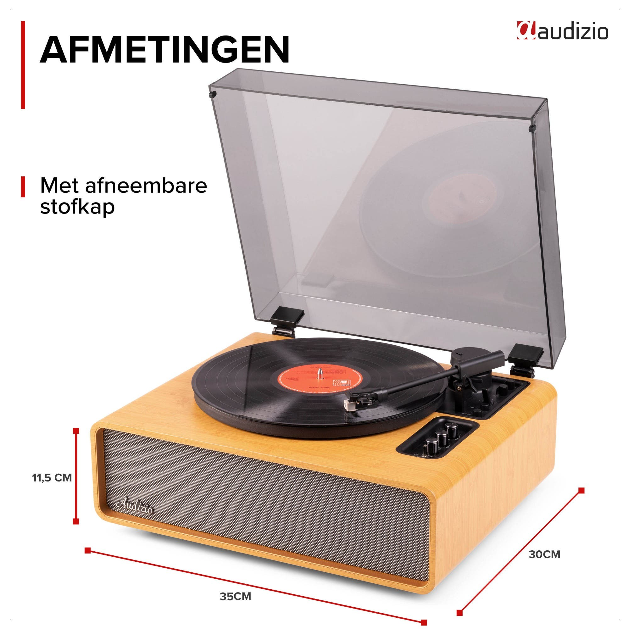 Un tocadiscos de madera con un disco puesto. La tapa antipolvo está abierta.