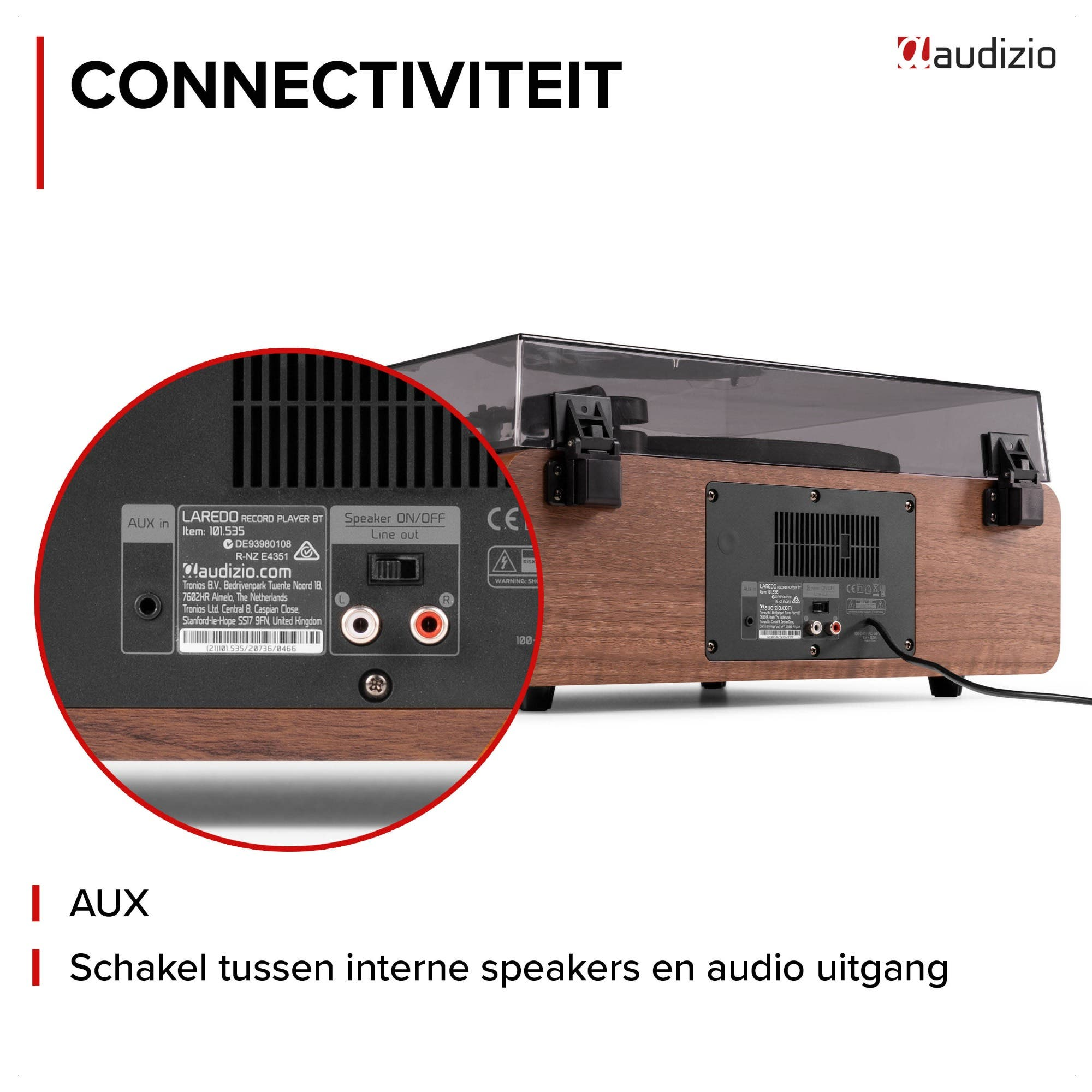 Parte trasera de un tocadiscos mostrando conexiones: AUX, Salida de línea, Altavoz ON/OFF.