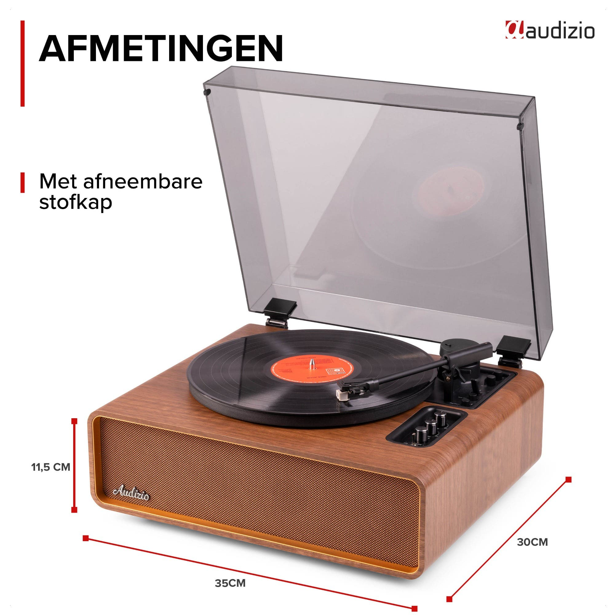Tocadiscos con acabado de madera, disco de vinilo y tapa abierta. Dimensiones.
