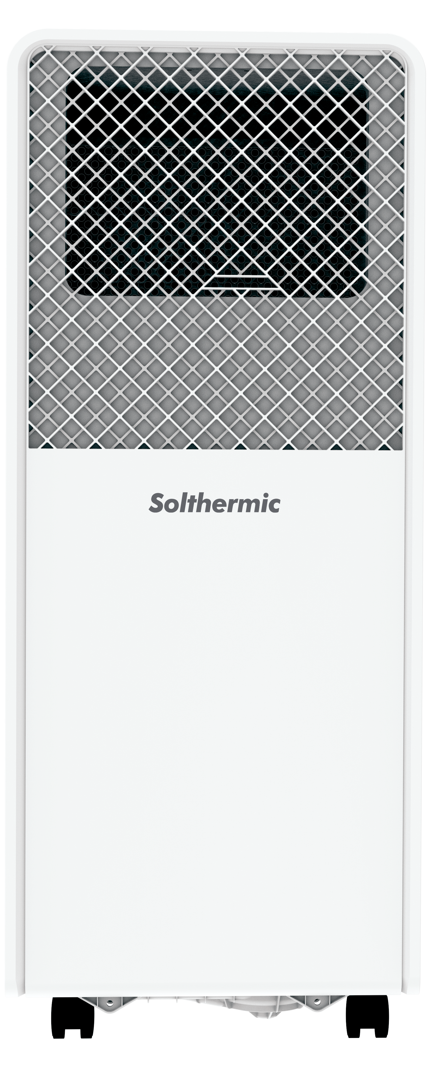 Un ventilador de torre blanco con rejilla frontal gris y logo Solthermic.