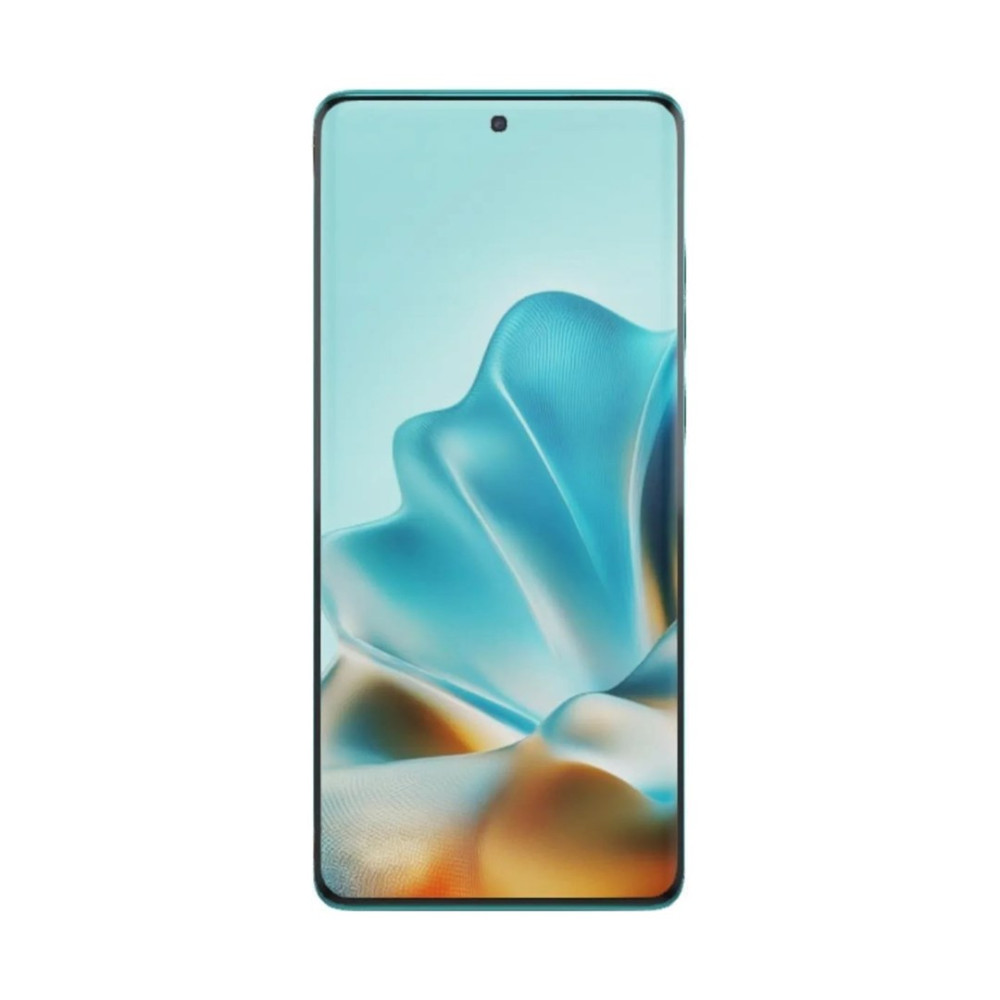 Smartfon z turkusowym ekranem wyświetlającym abstrakcyjny wzór.