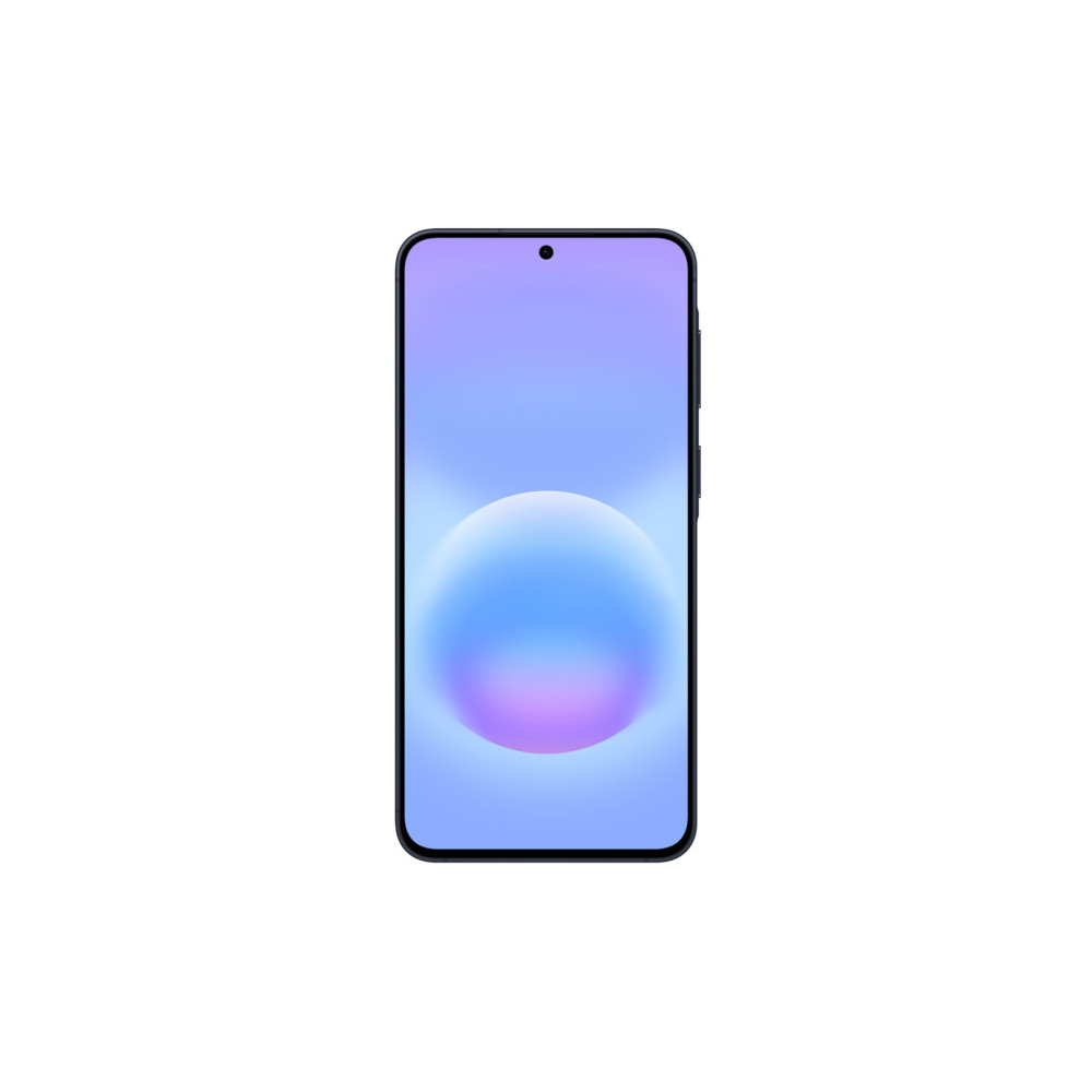Ciemny smartfon wyświetla niebiesko-fioletową kulę z gradientem na ekranie.